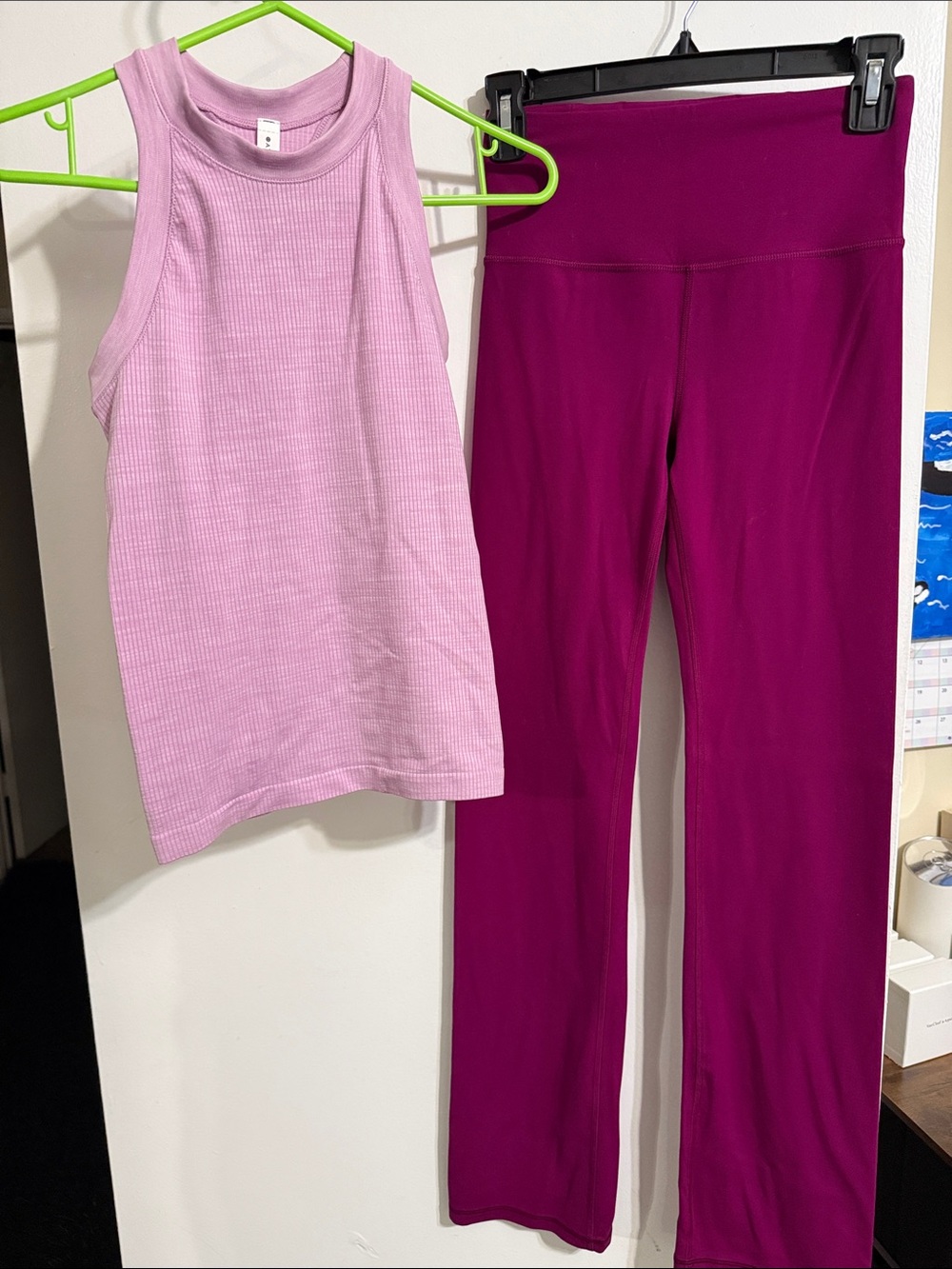Athleta Lilac Ribbed Tank Top and flare leggings